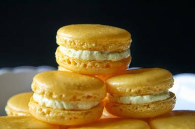 Saffron Macaroons with Cardamom White Chocolate Ganache 